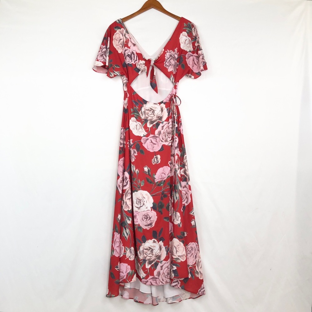 Fame and Partners Floral Wrap Maxi Dress Cut‎ Out Size 0 Red White V Neck